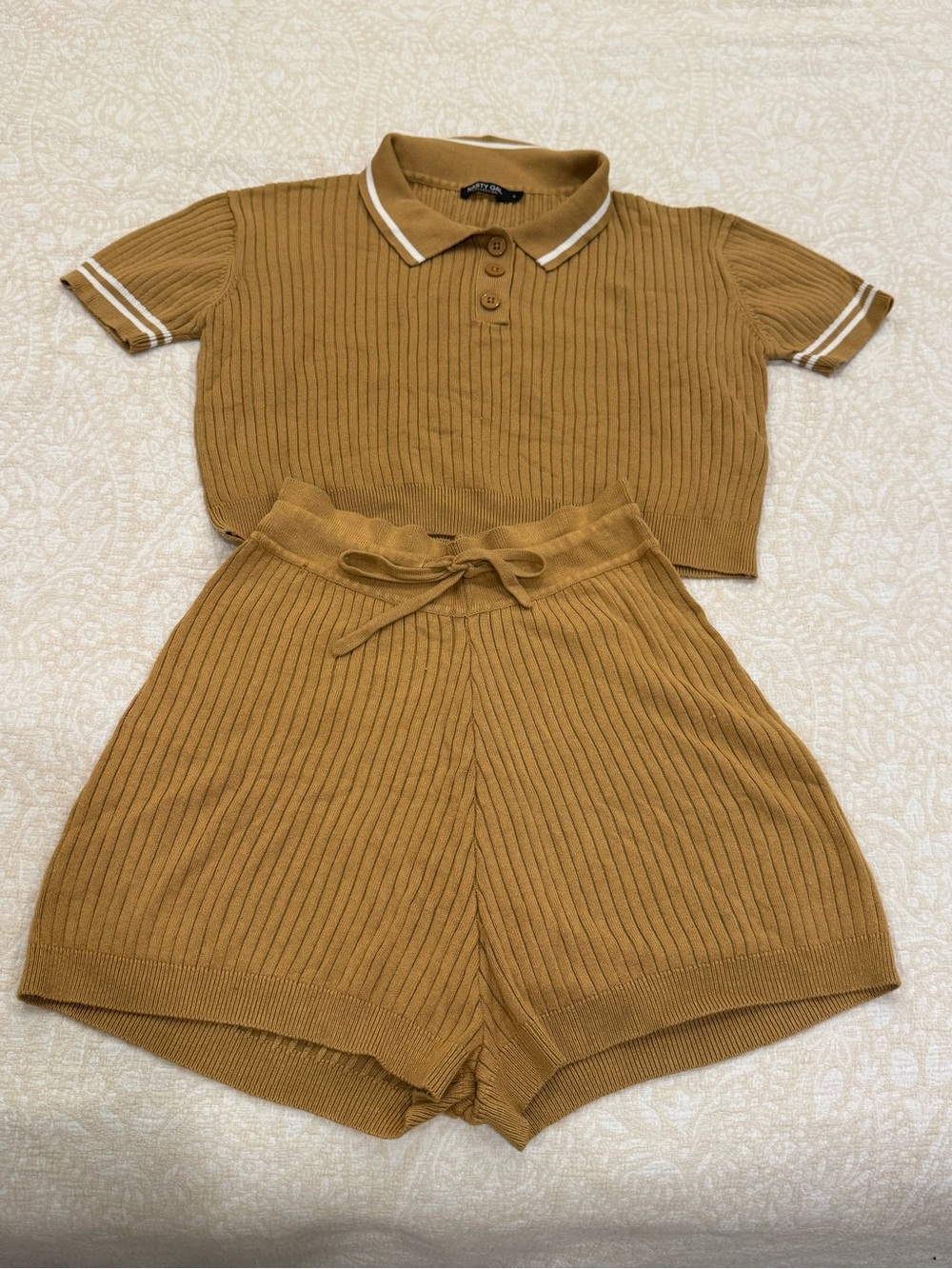Nasty Gal Brown Ribbed Knit Polo Top & Shorts Loungewear Set S